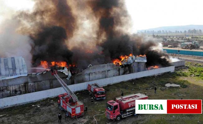 Geri dönüşüm fabrikasında çıkan yangın havadan görüntülendi